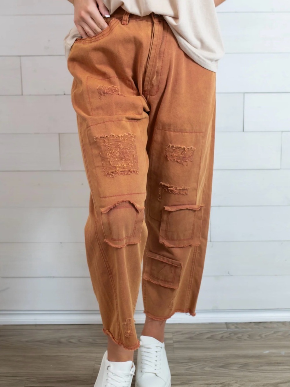 POL Rust Orange Distressed Patchwork Barrel Boyfriend Jeans